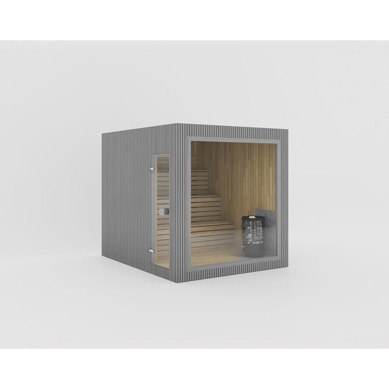 Celsium Jonas Large Outdoor sauna made of 44 mm solid wood in gray exterior cladding with Harvia stove, space for 6 Persons