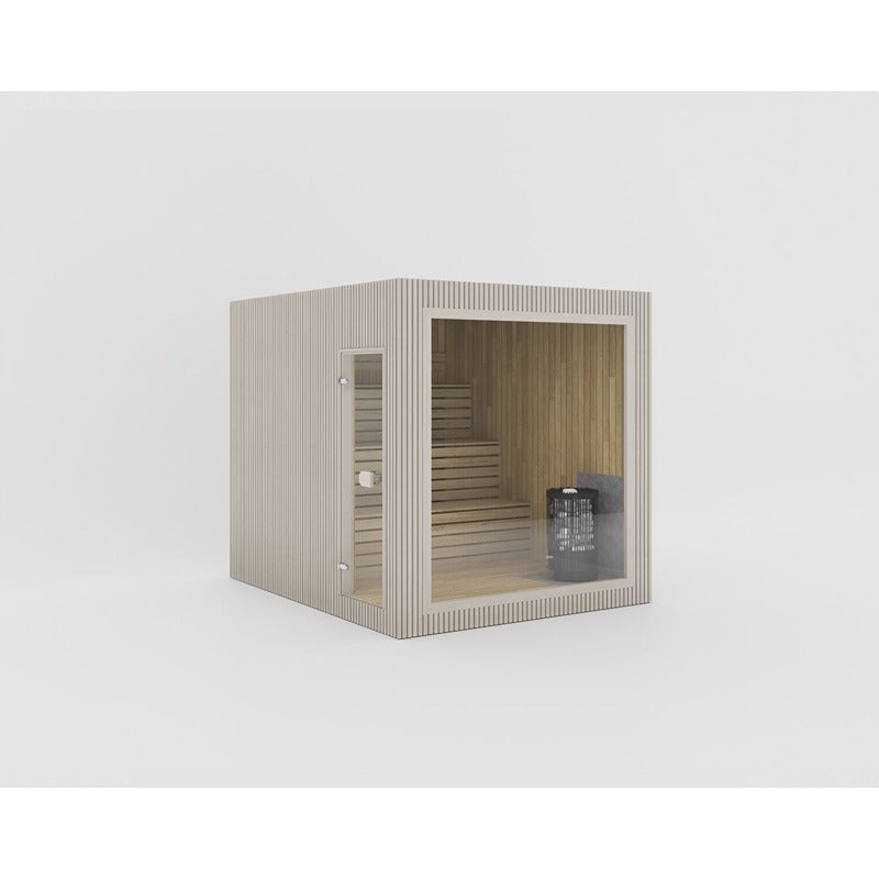 Celsium Jonas Large Outdoor sauna made of 44 mm solid wood in light gray exterior cladding with Harvia stove, space for 6 Persons